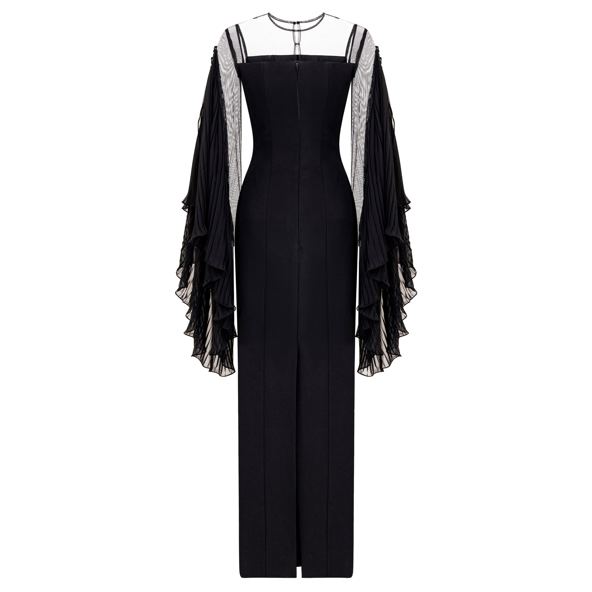 Long Sleeve Crepe Gown With Illusion And Pleated Chiffon Fringe Sleeve