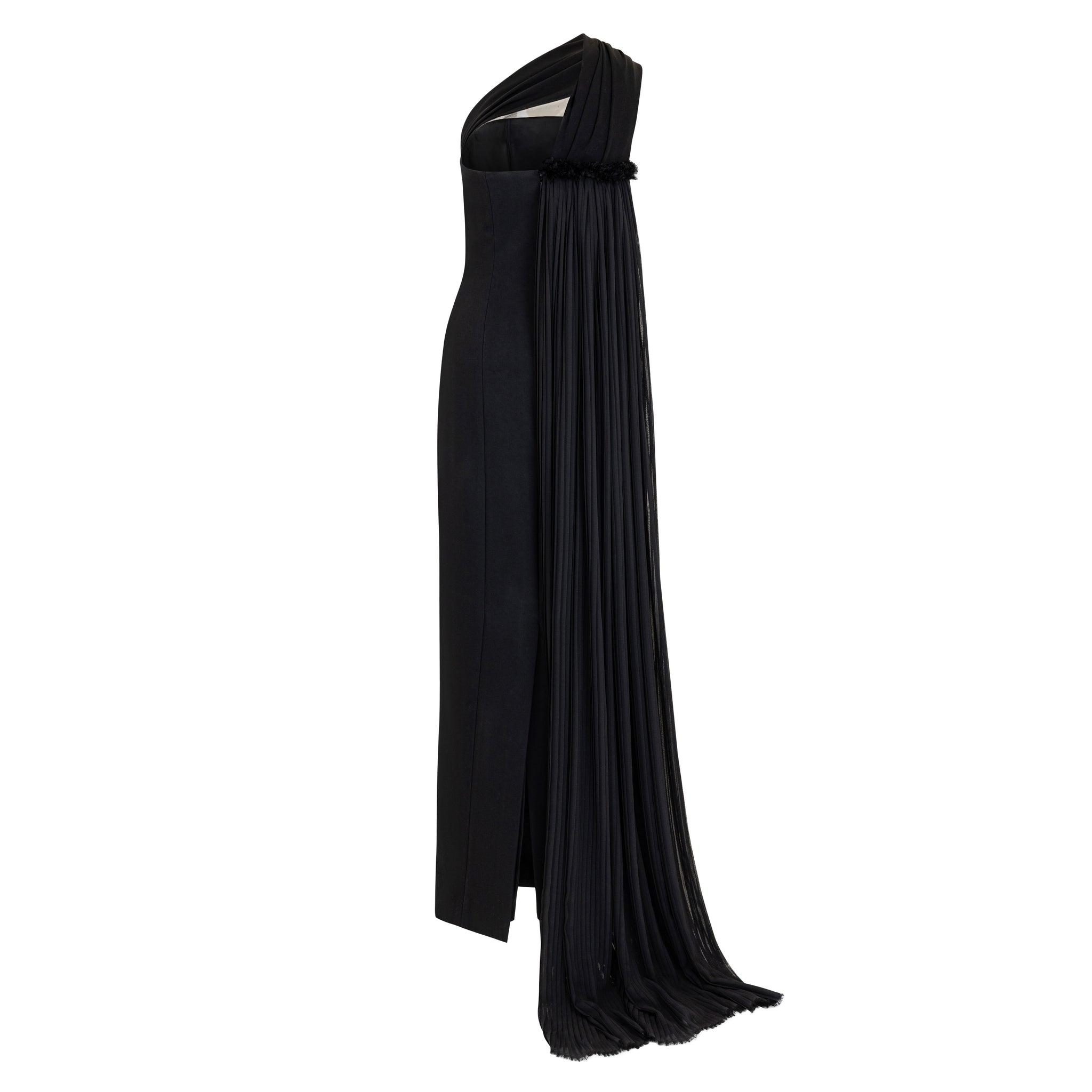Asymmetric Black Gown With Pleated Train