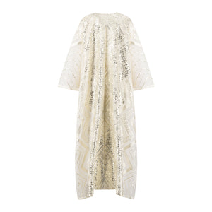 White and Gold Embroidered long sleeve chiffon kaftan