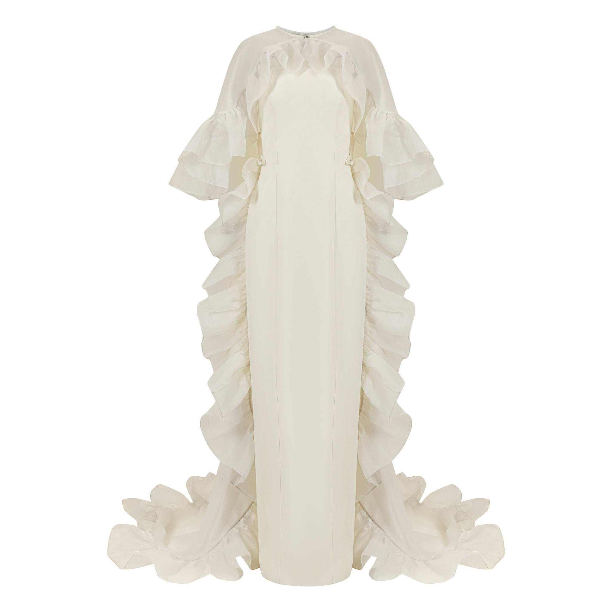 Sleeveless Gown With Organza Train And Ruffled Organza Cape