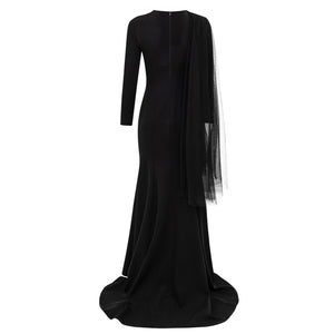 Long Sleeve Mermaid Gown with Asymmetric Tulle Drape