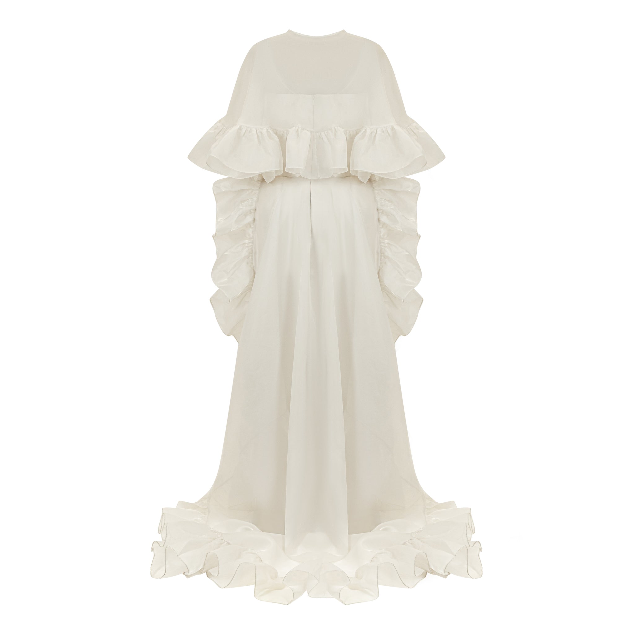 Sleeveless Gown With Organza Train And Ruffled Organza Cape