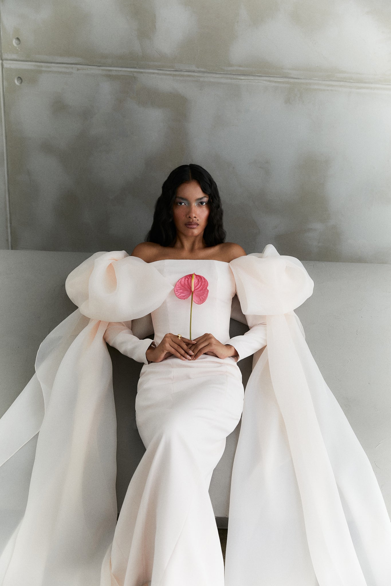 Off-shoulder Crepe Gown With Large Organza Bow At Shoulder