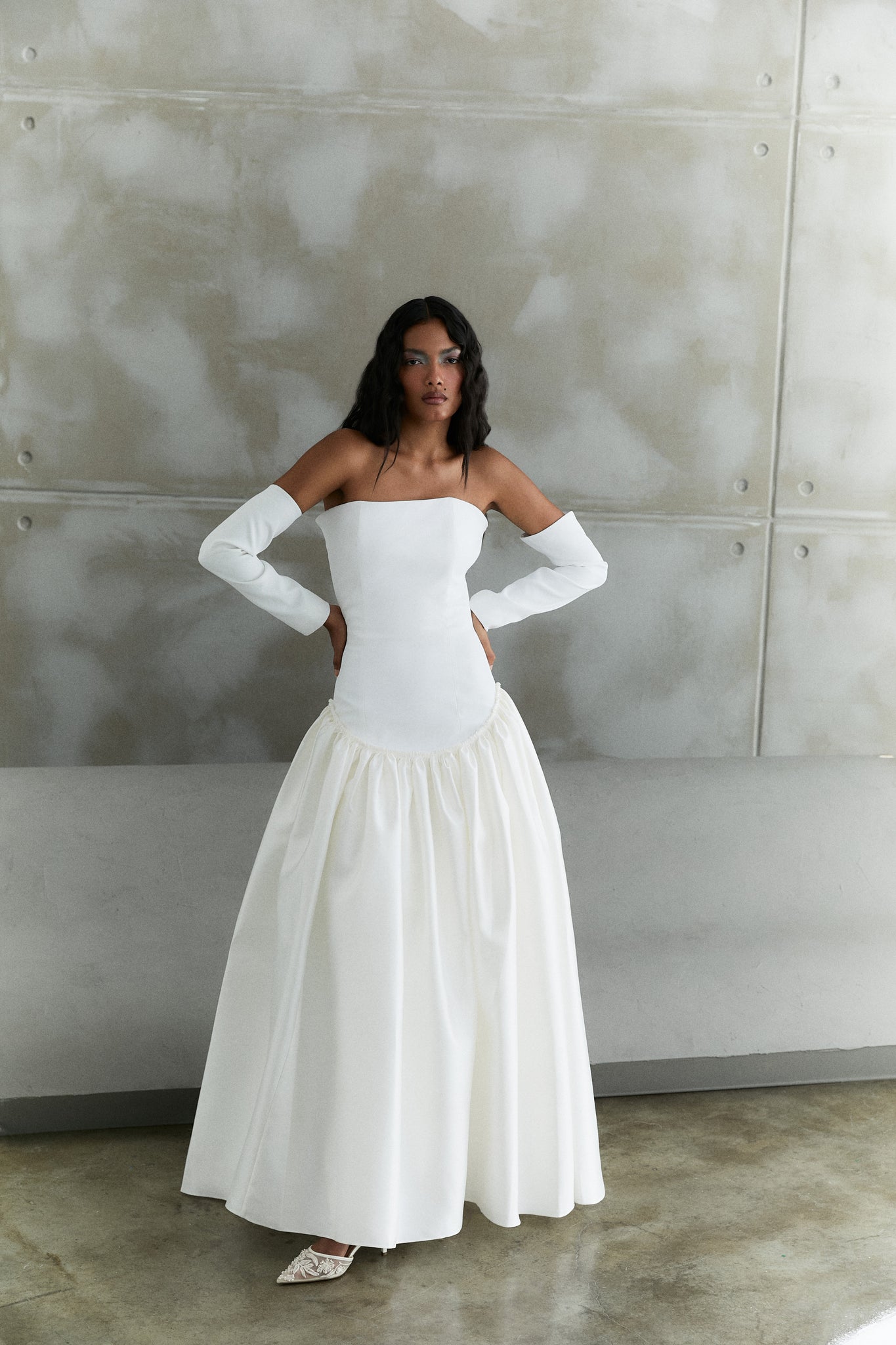 Off-Shoulder Crepe Gown With Puff Mikado Skirt