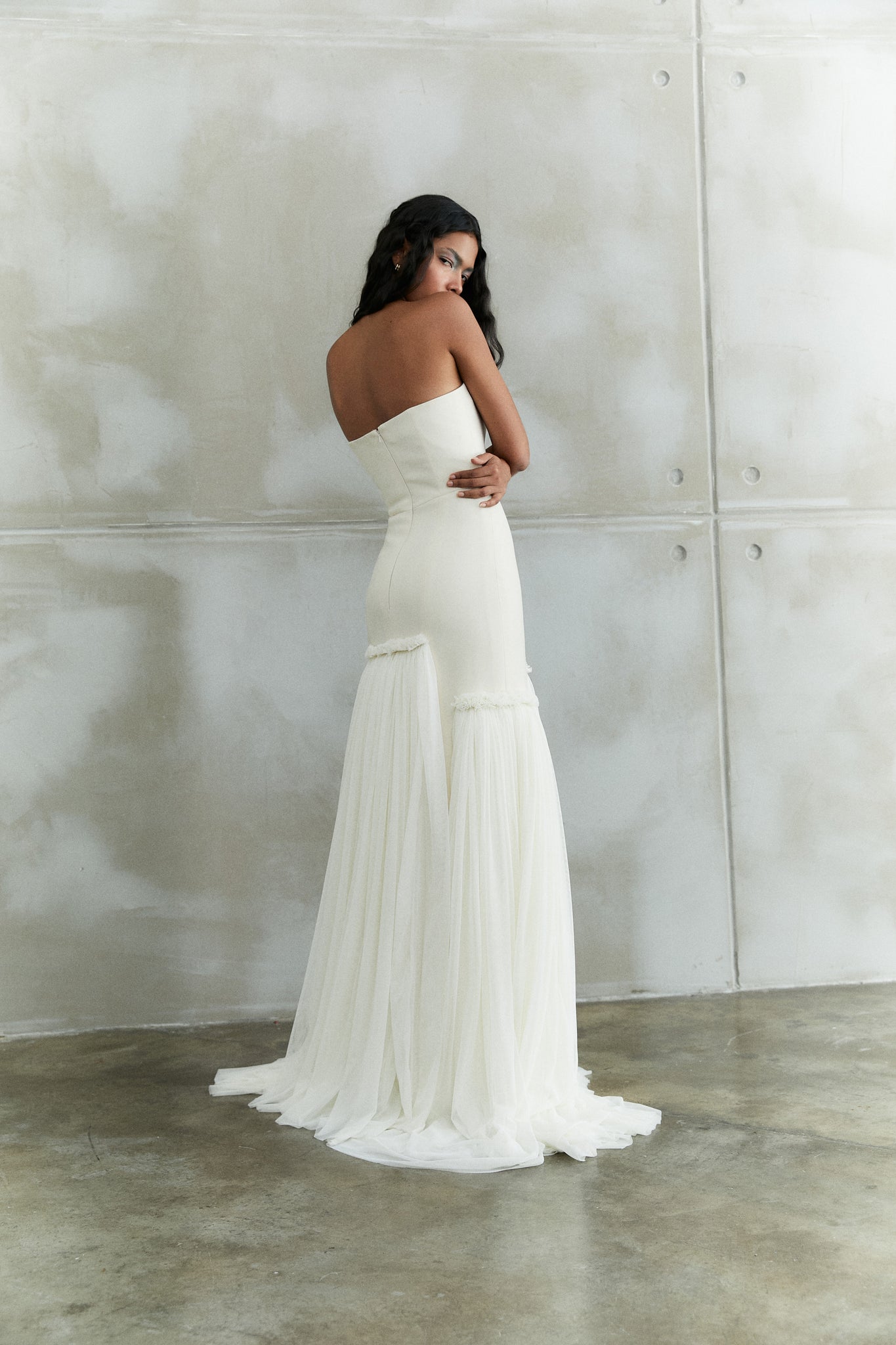 Strapless Crepe Gown With Gathered Soft Tulle Train