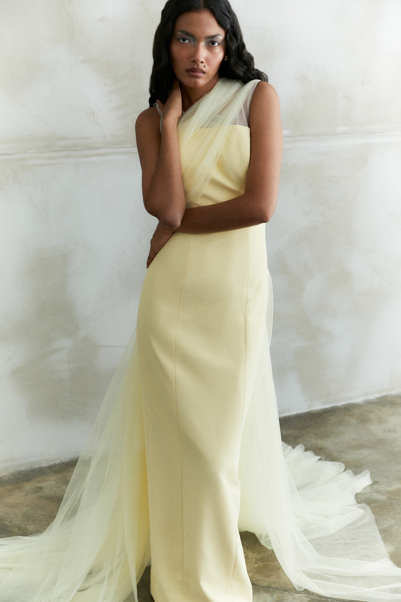 Sleeveless Gown With Asymmetric Tulle Drape