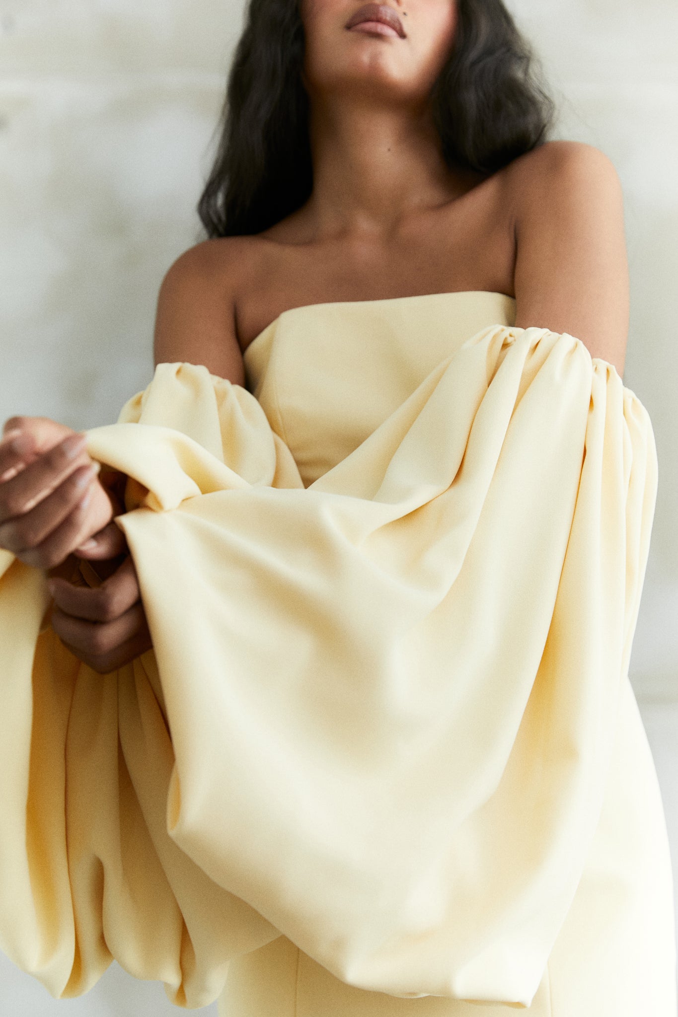 Off-Shoulder Crepe Skinny Gown With Balloon Sleeve