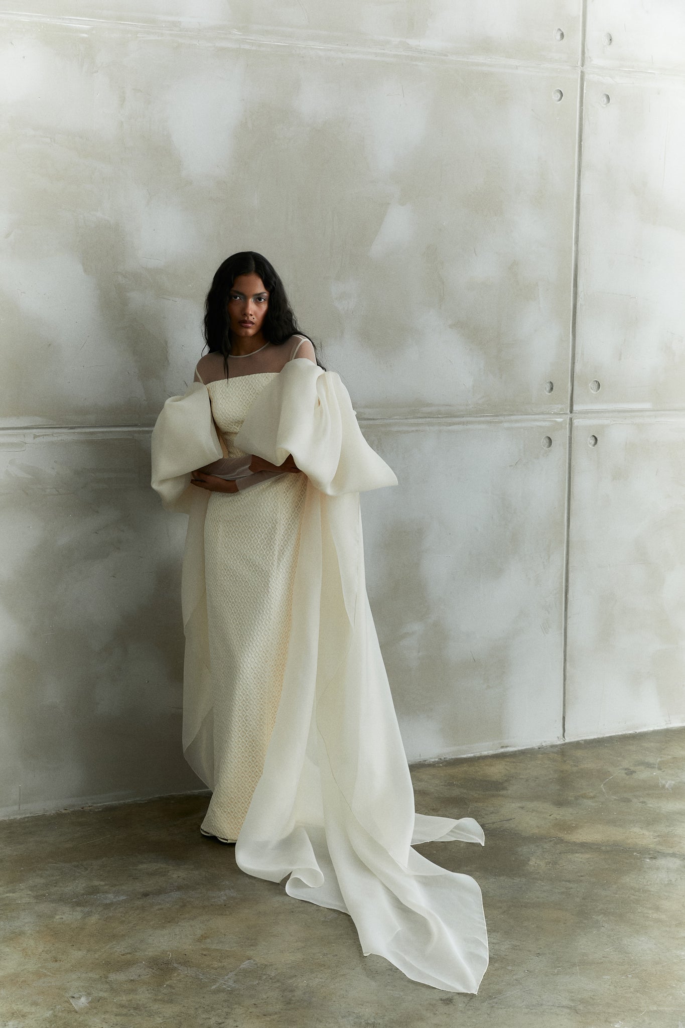 Off-shoulder Crochet Gown With Organza Bows