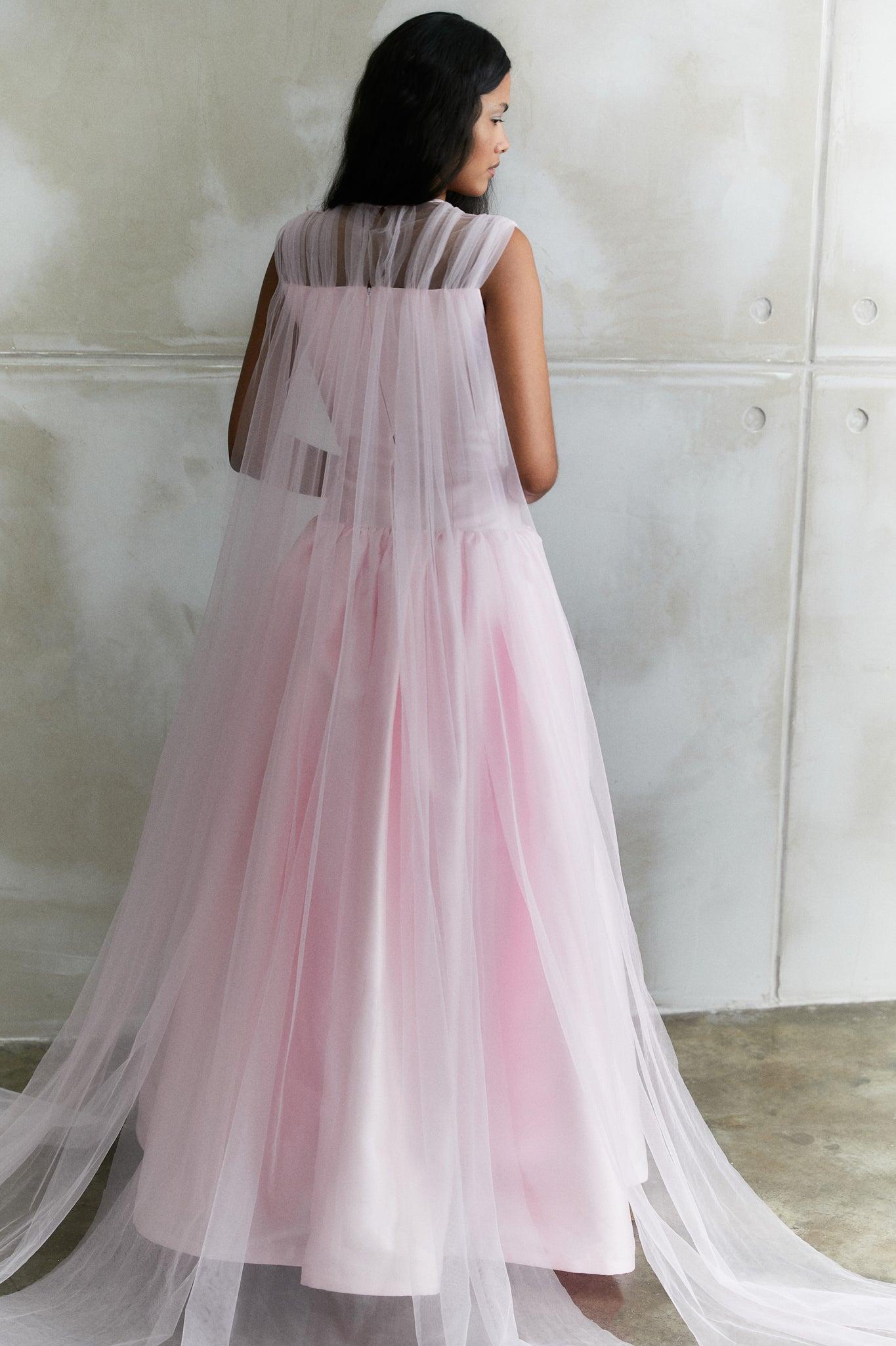 Sleeveless Mikado Gown With Tulle Cape