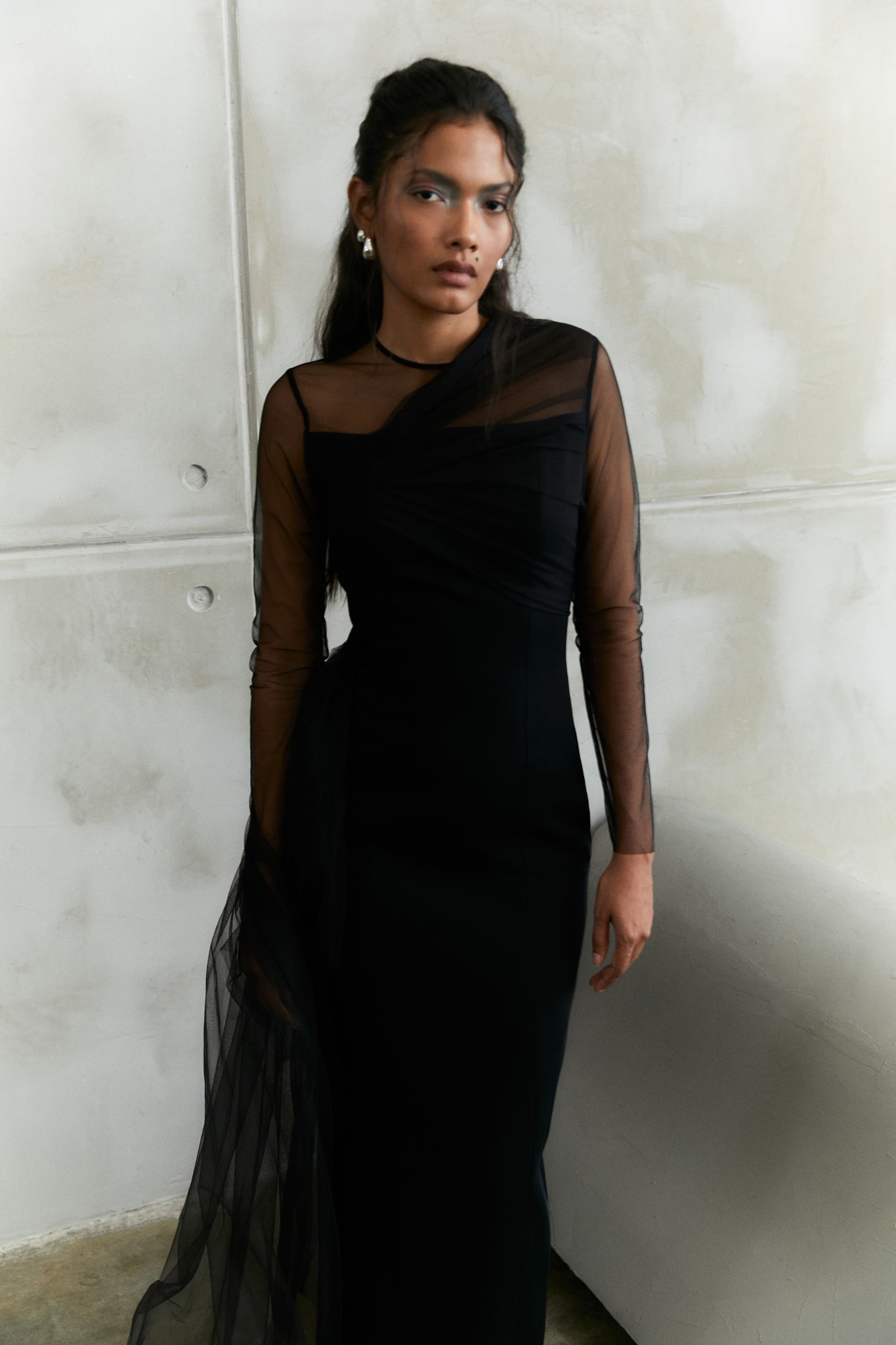 Black Illusion Sleeve Gown With Side Tulle Drape