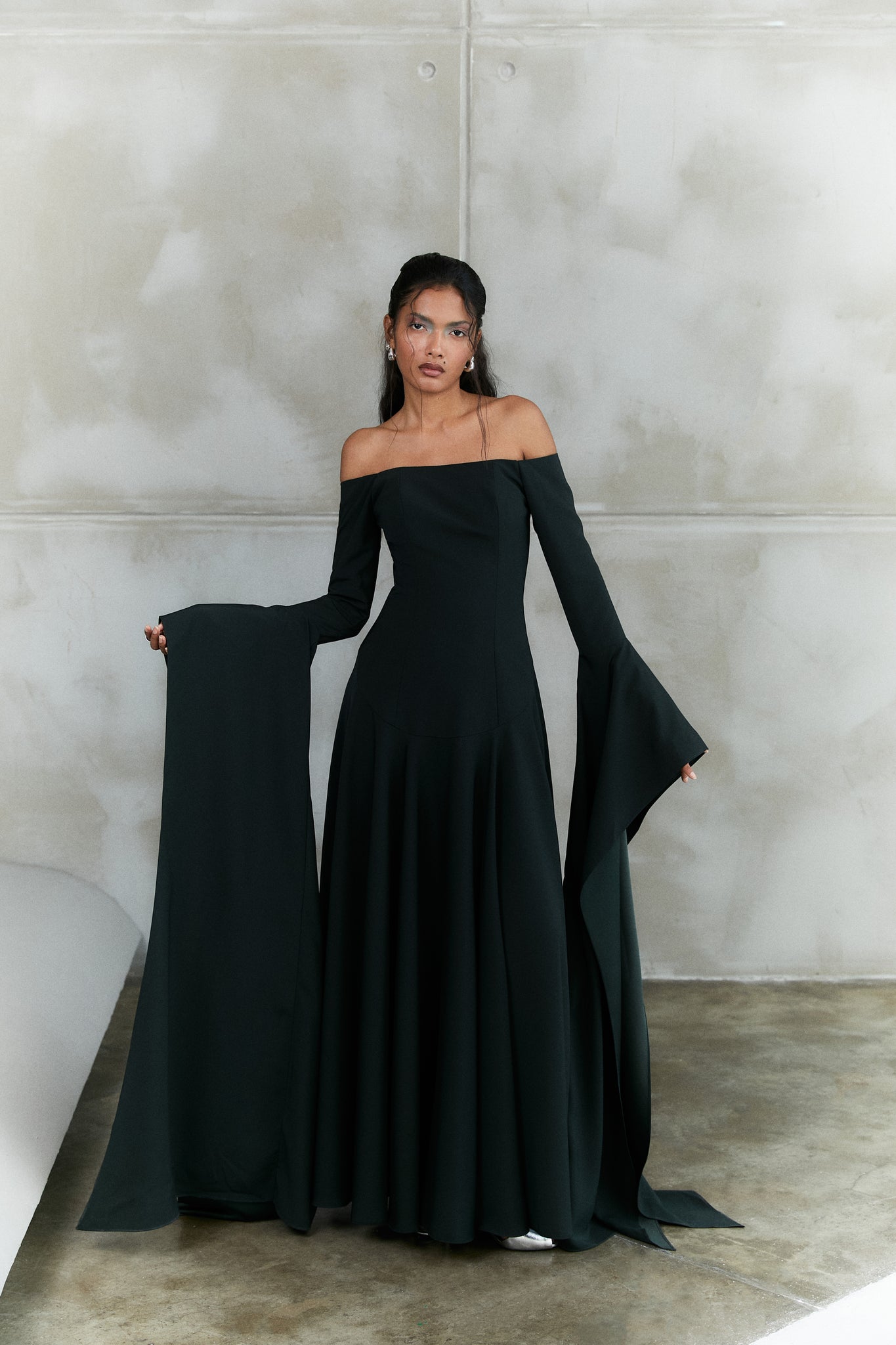 Off-Shoulder Statement Sleeve Crepe Gown