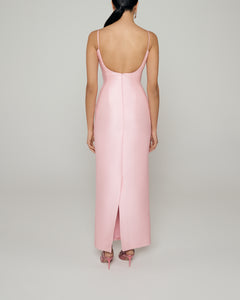 Skinny gown with illusion neckline, plunging back and spaghetti straps