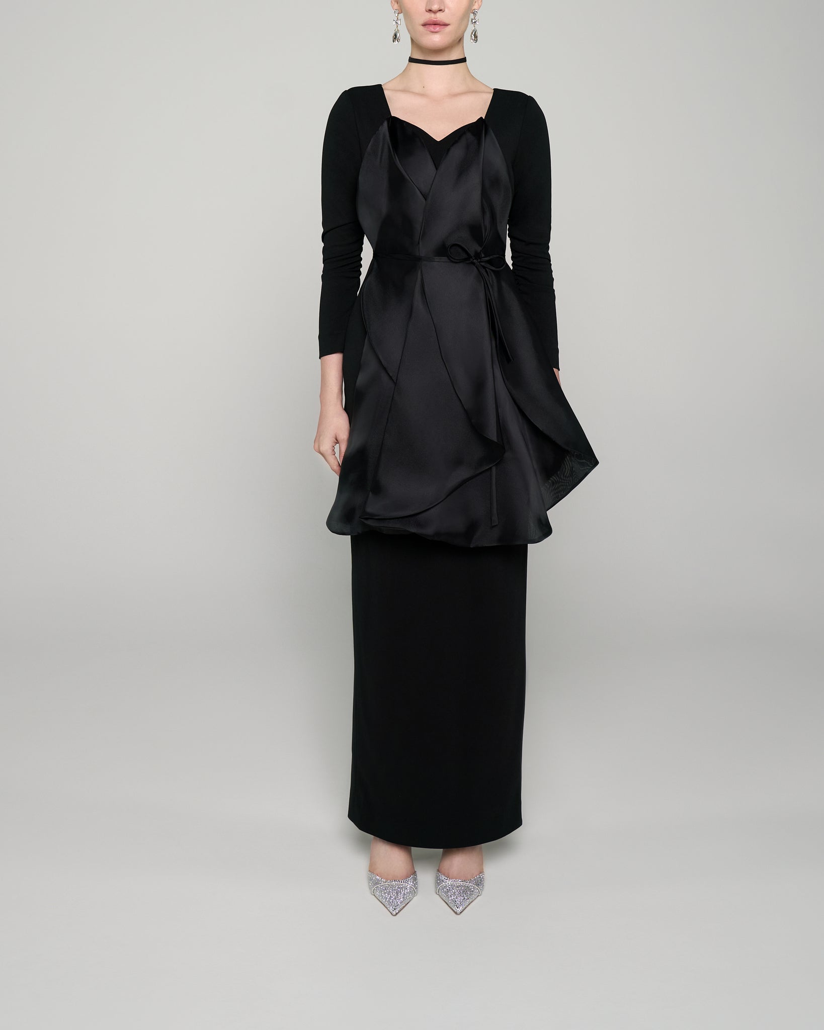 Black stretch crepe gown with organza drape front and choker