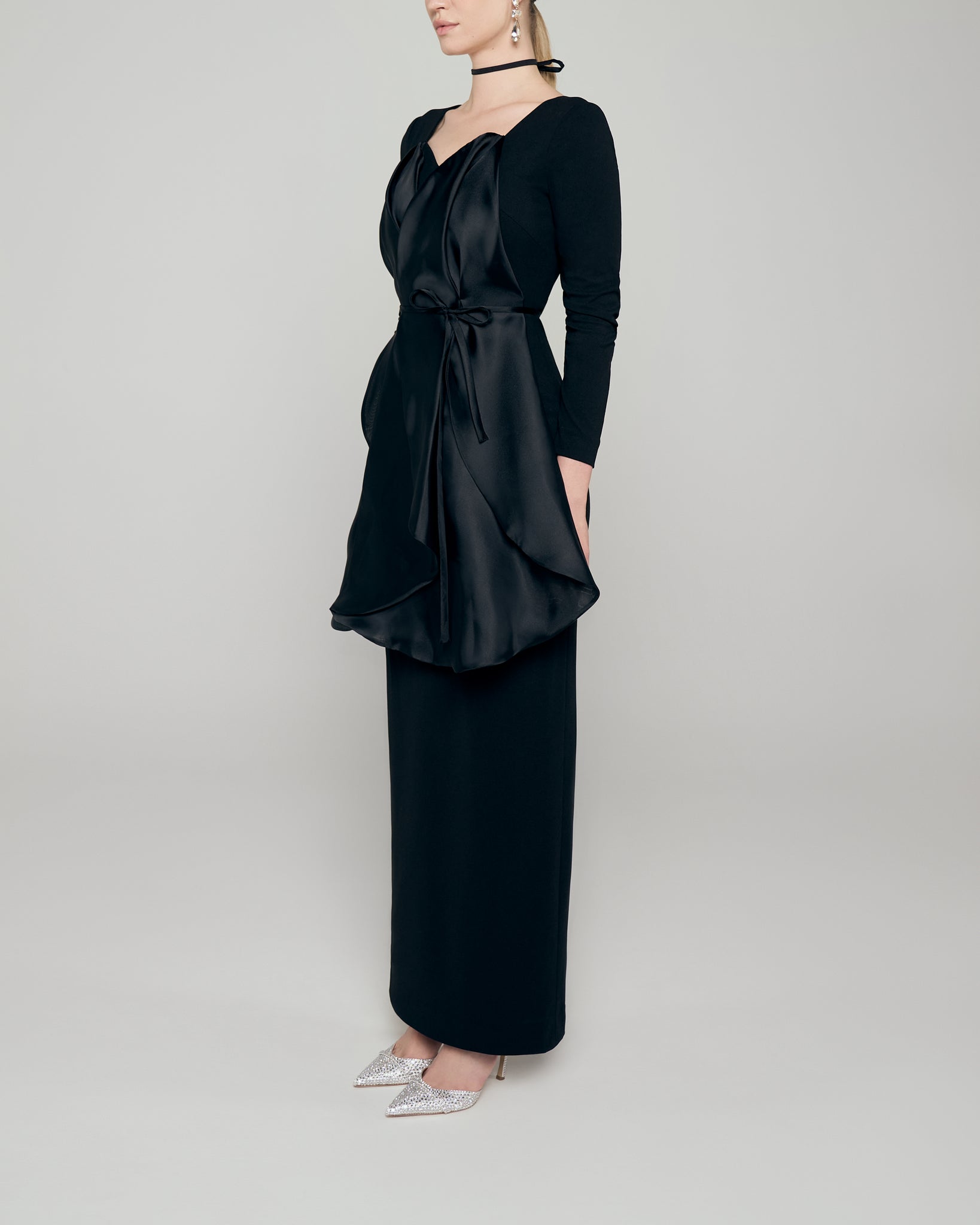 Black stretch crepe gown with organza drape front and choker