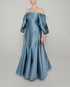Off shoulder A line gown with asymmetrical godets