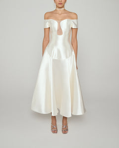 Off shoulder A line mikado gown with illusion plunge neckline