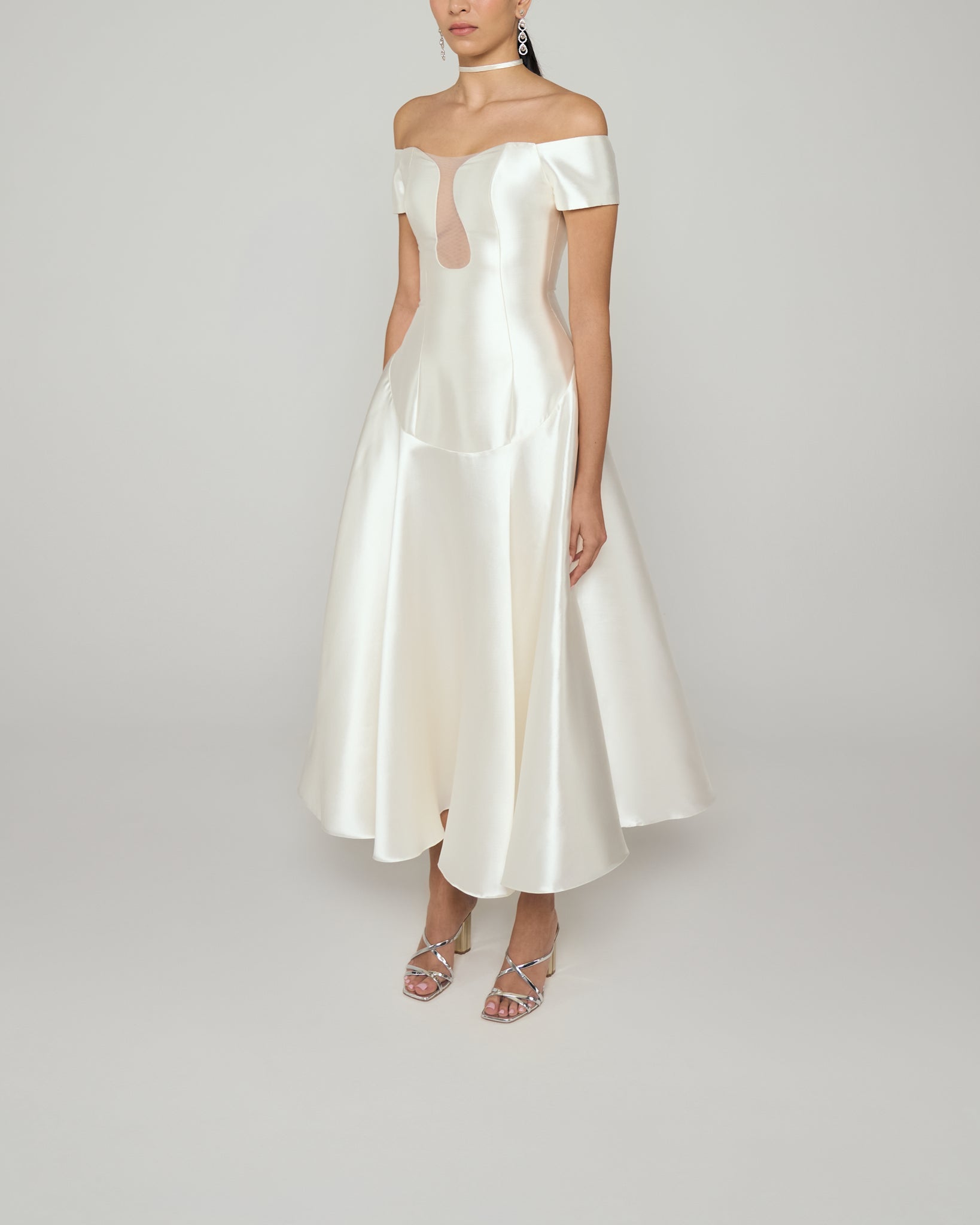 Off shoulder A line mikado gown with illusion plunge neckline