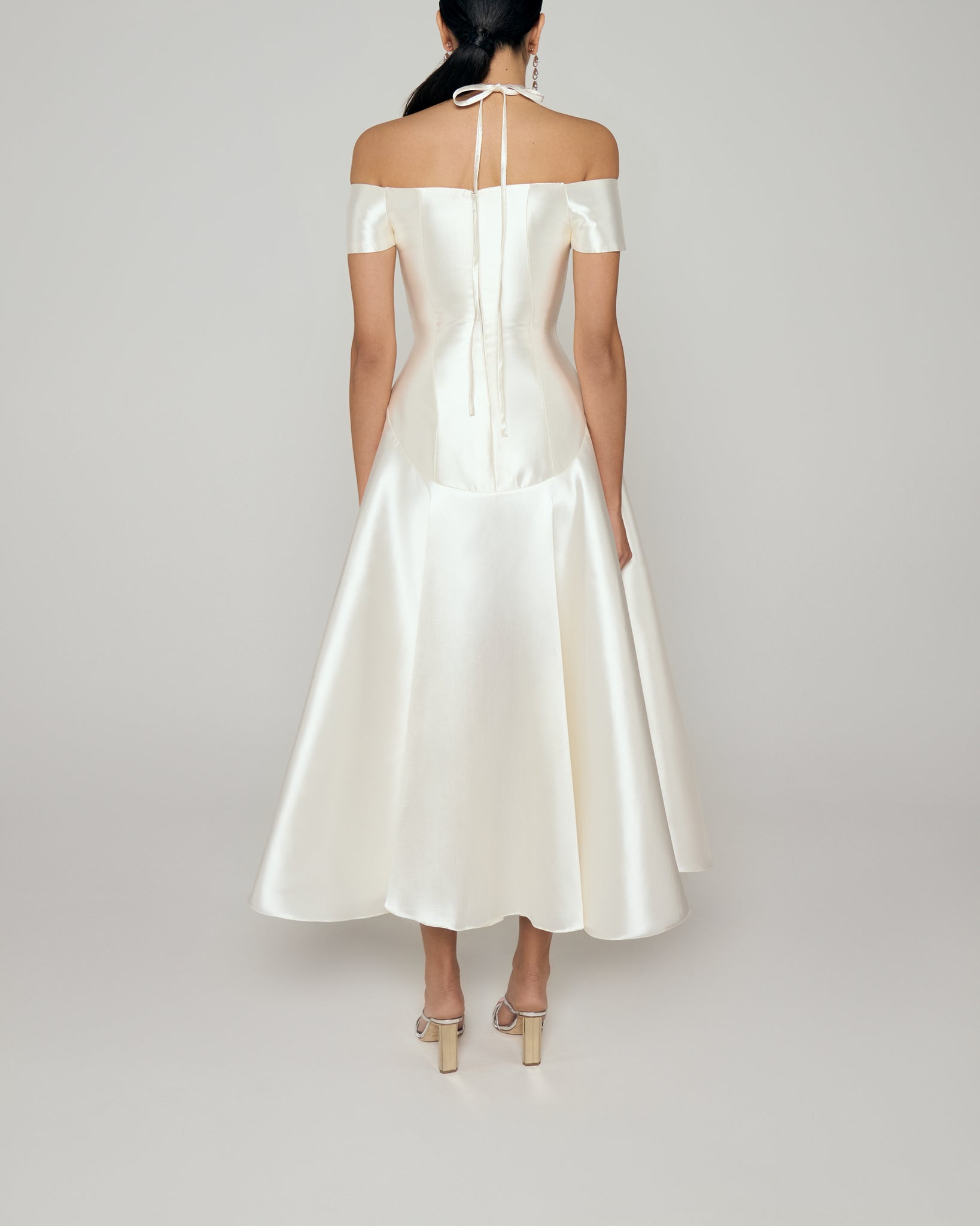 Off shoulder A line mikado gown with illusion plunge neckline