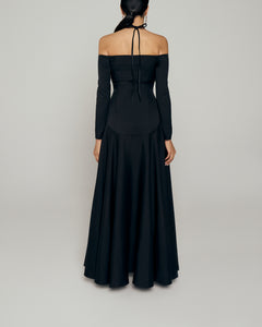 Black crepe A line off shoulder gown with plunge neckline and belt