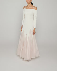 Cold shoulder ankle length A line gown with organza inserts