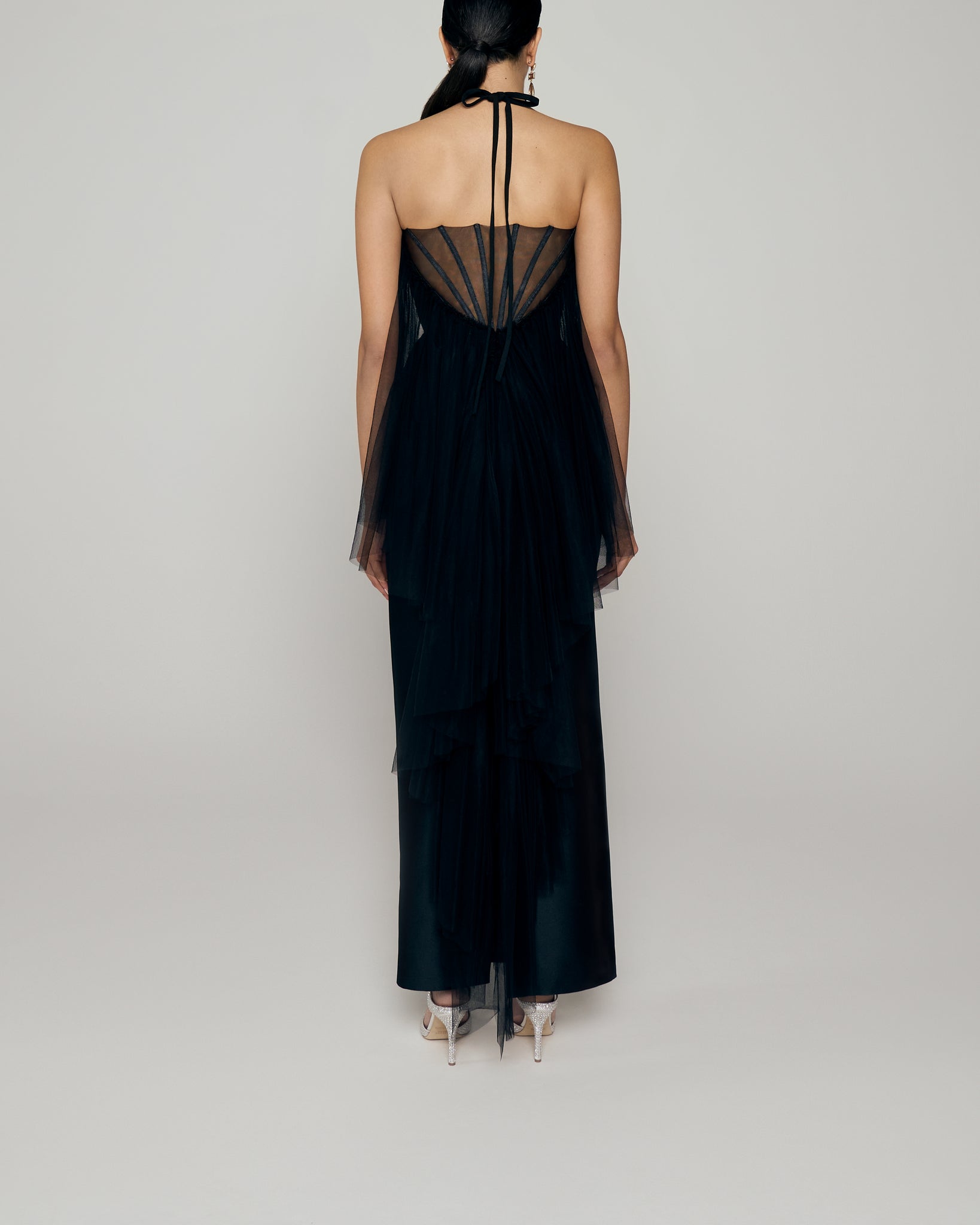 Strapless Pique gown with corset back and tulle fringe drape train and choker