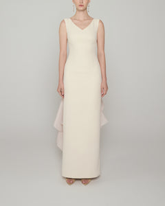 V-neck sleeveless dress with illusion back and organza train