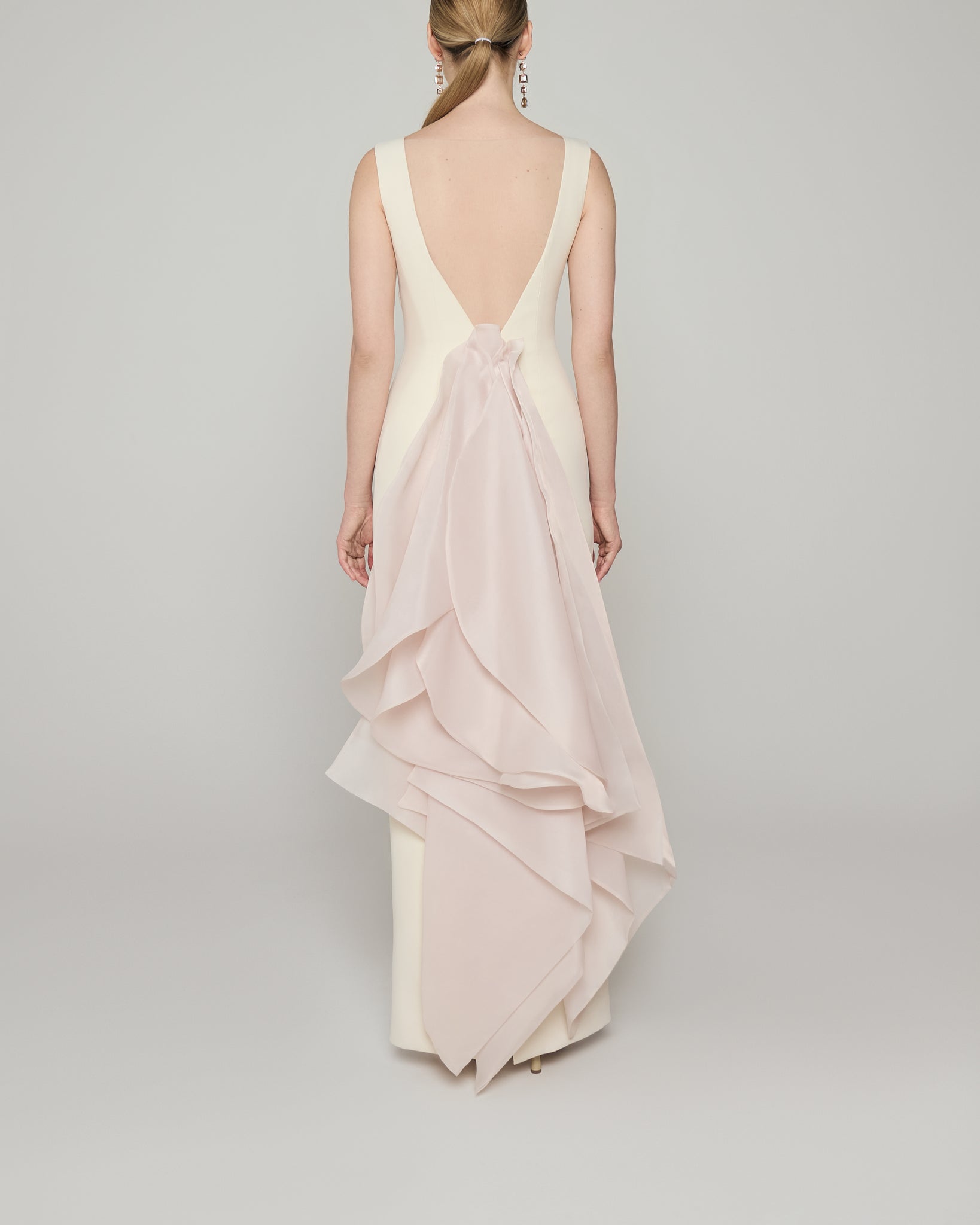 V-neck sleeveless dress with illusion back and organza train