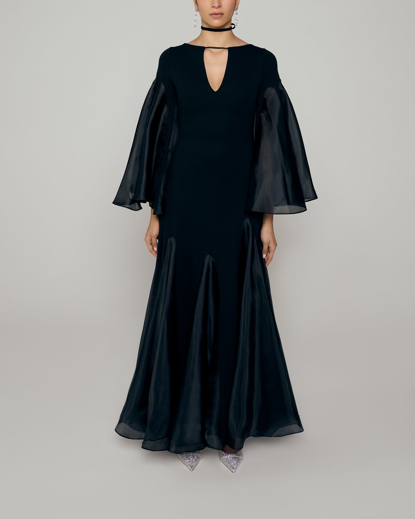 Long Sleeve A line gown with neckline cut out and organza inserts