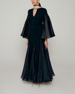 Long Sleeve A line gown with neckline cut out and organza inserts