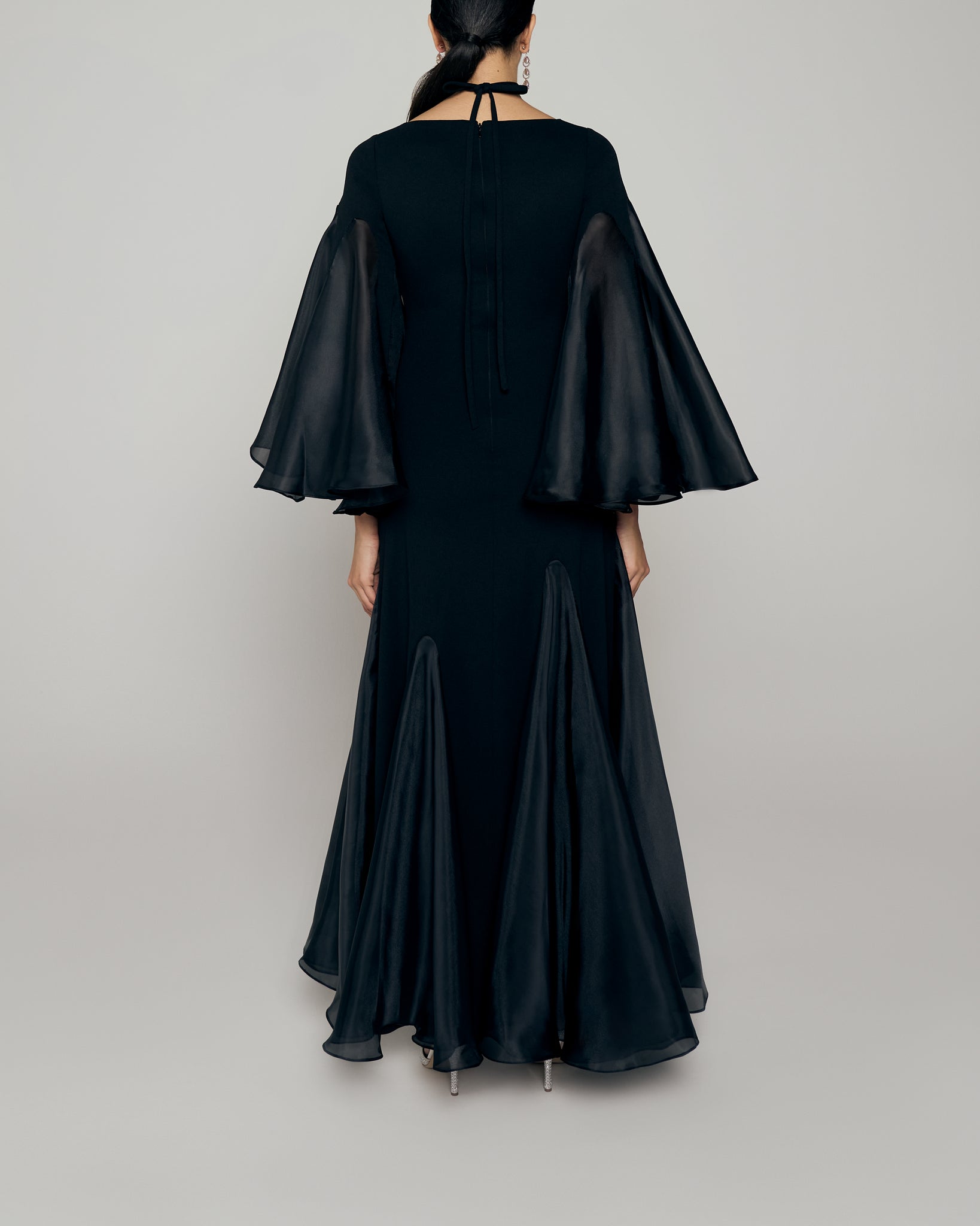 Long Sleeve A line gown with neckline cut out and organza inserts