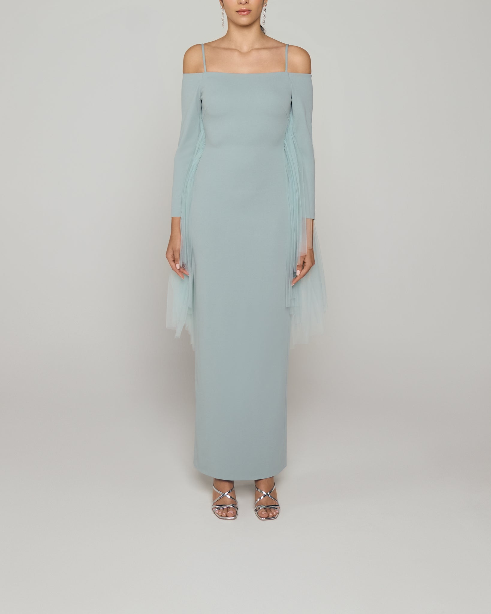 Skinny Stretch Crepe Gown with Tulle Cascading Sleeve