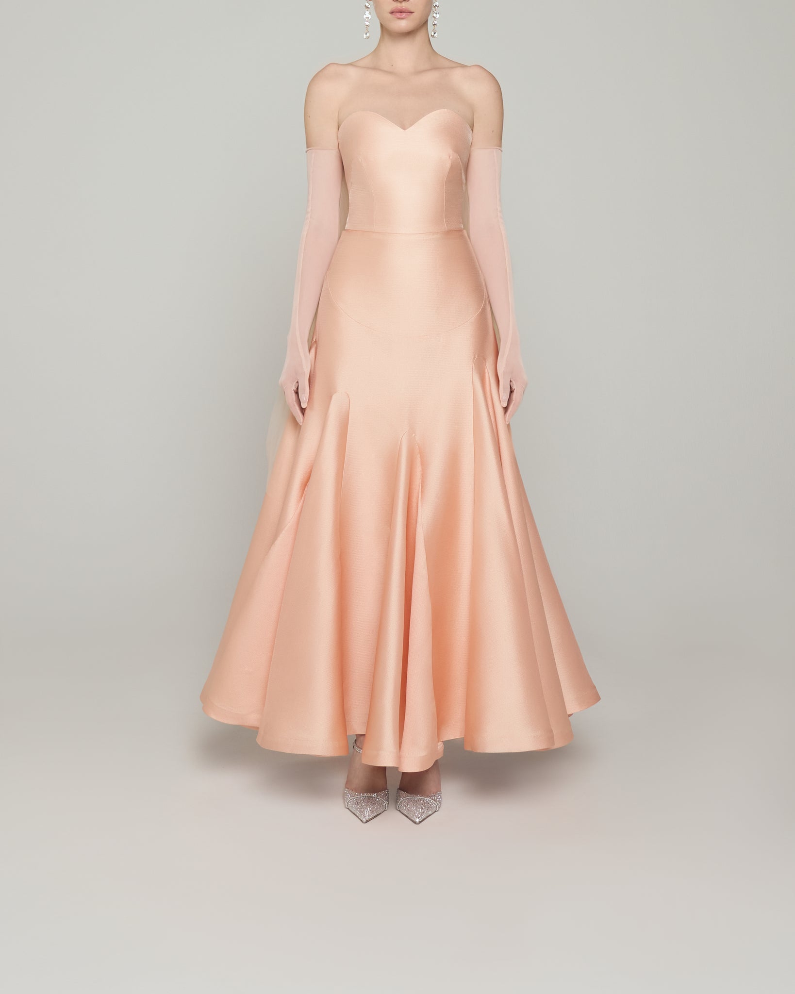 Long sleeve stretch crepe gown with button details and tulle sleeve detail
