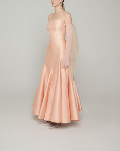 Long sleeve stretch crepe gown with button details and tulle sleeve detail