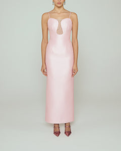 Skinny gown with illusion neckline, plunging back and spaghetti straps