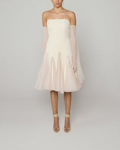 Strapless mid calf gown with organza inserts and cascade tulle glove