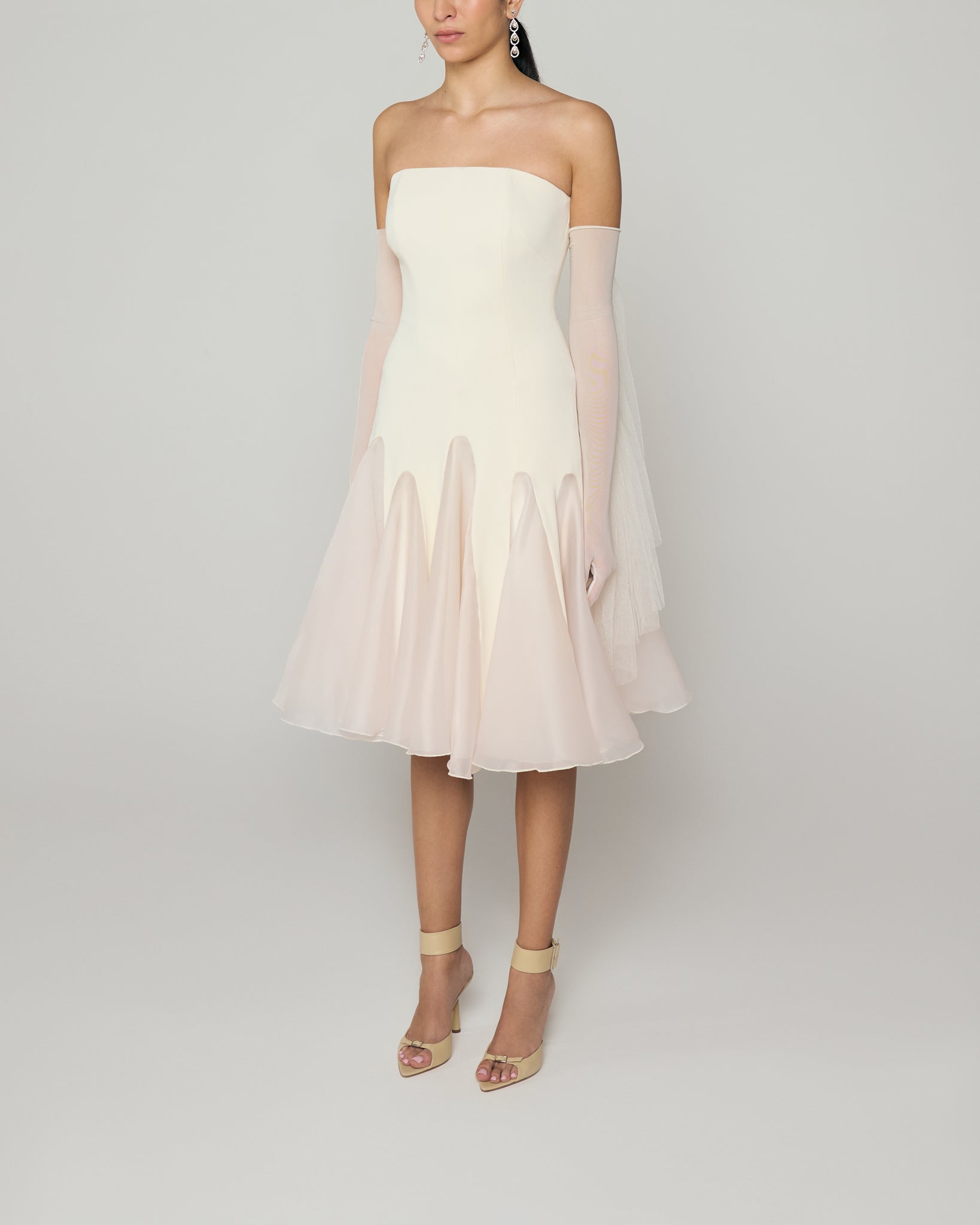 Strapless mid calf gown with organza inserts and cascade tulle glove