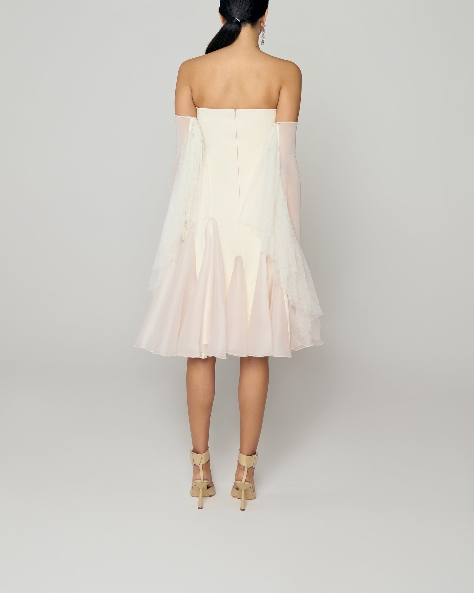 Strapless mid calf gown with organza inserts and cascade tulle glove