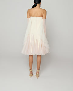 Strapless mid calf gown with organza inserts and cascade tulle glove