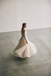 Off shoulder tulle ballgown with rhinestone bodice and sleeve detail