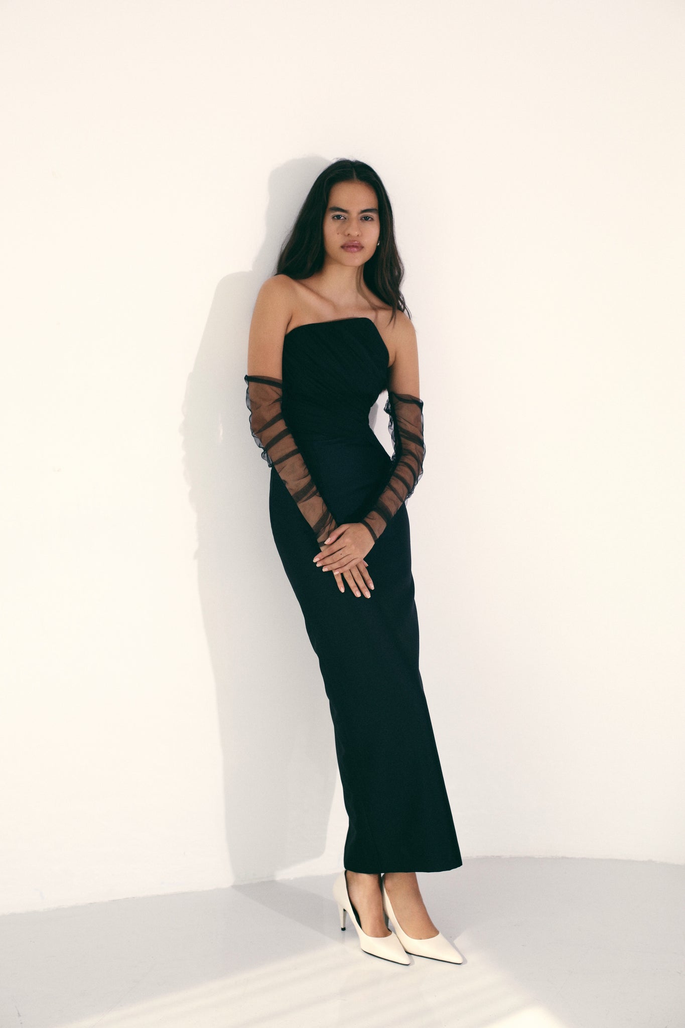 Off-Shoulder Mikado Pique Gown With Asymmetric Tulle Draped Bodice