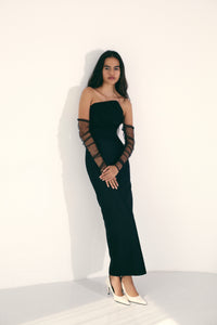 Off-Shoulder Mikado Pique Gown With Asymmetric Tulle Draped Bodice