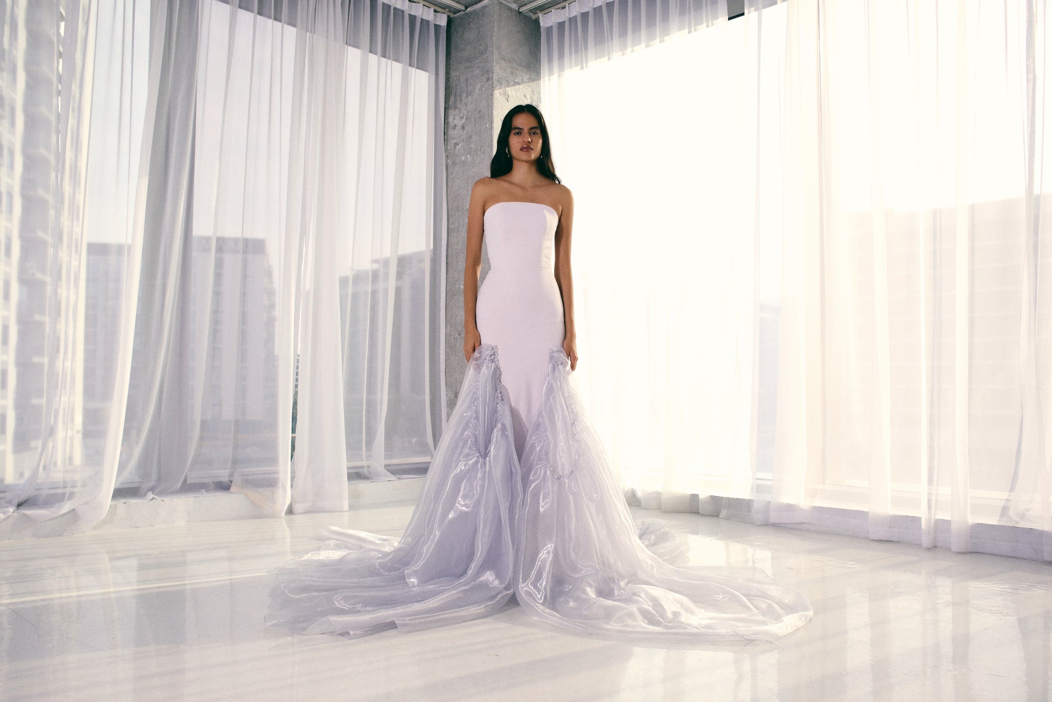 Strapless Gown With Liquid Organza Applique Trumpet Skirt  Bazza Alzouman