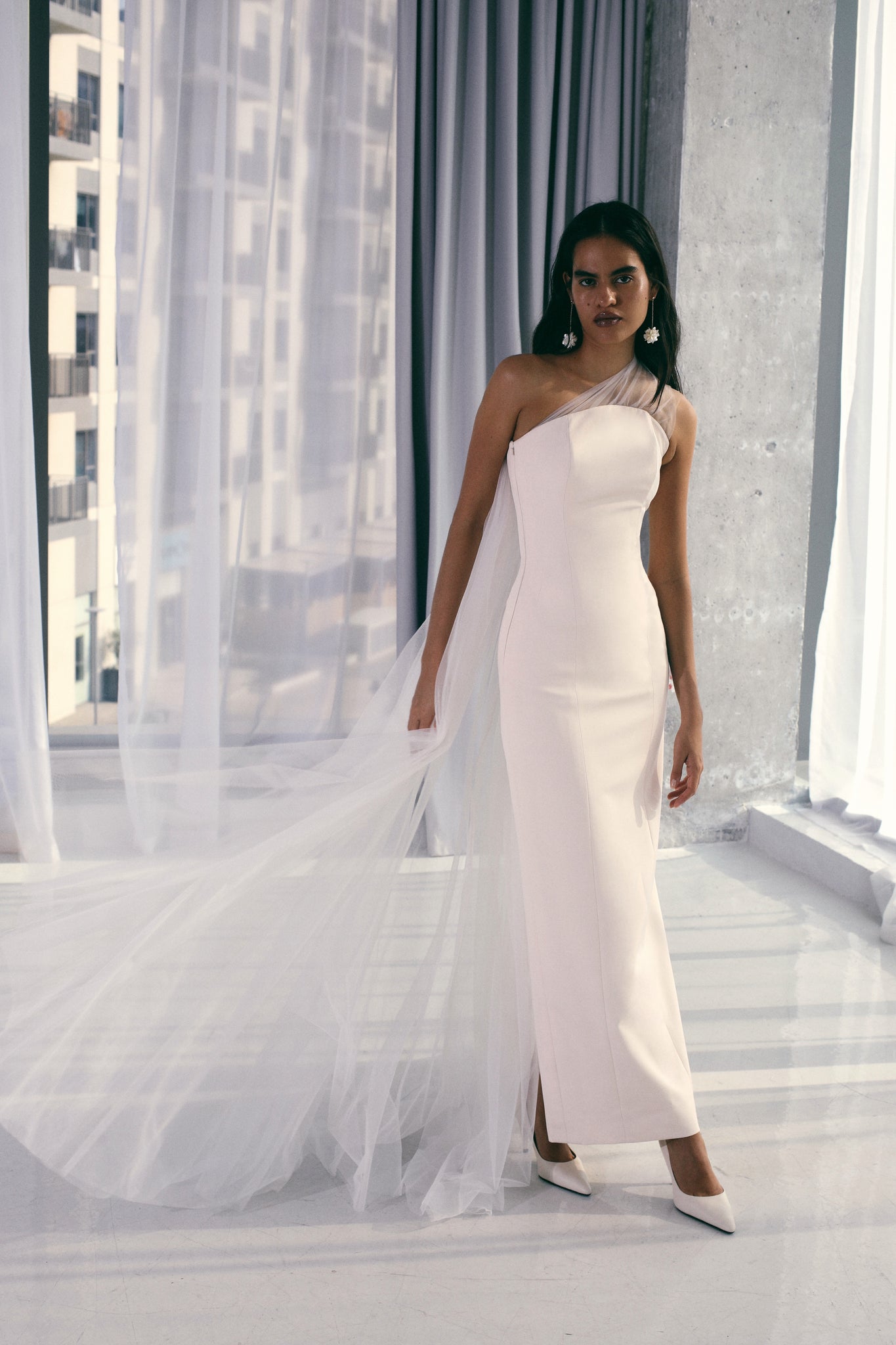 Slim Cut Crepe Gown With Asymmetric Draped Tulle Train – Bazza Alzouman