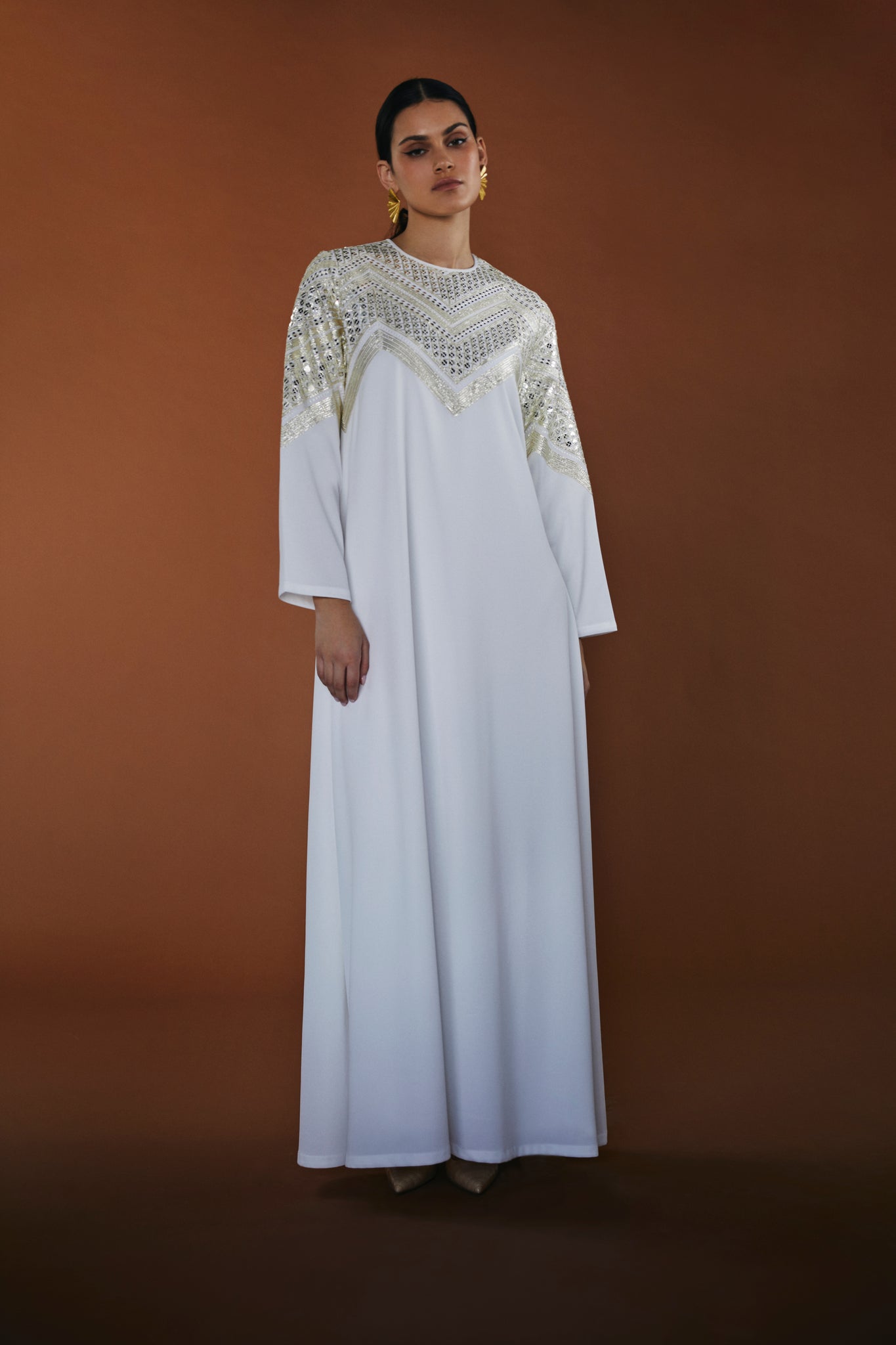 White and Gold Crepe shift kaftan with embroidered neckline applique