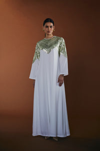 White and Green Crepe shift kaftan with embroidered neckline applique