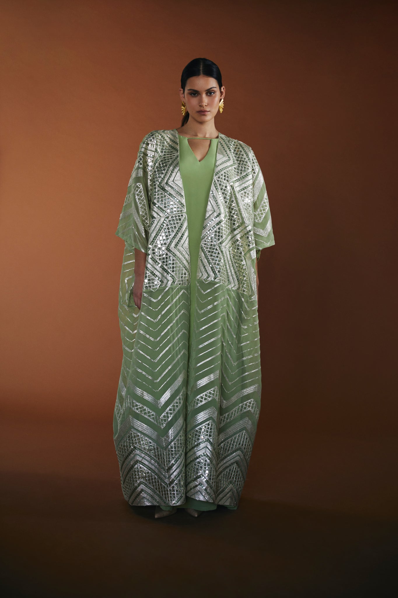 Green Embroidered chiffon bisht with dress