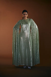 Green Cape Chiffon Kaftan with silver leather embroidery