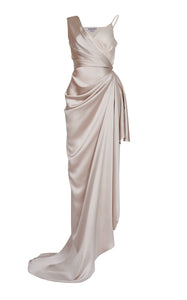 Sleeveless Asymmetrical Draped Satin Gown