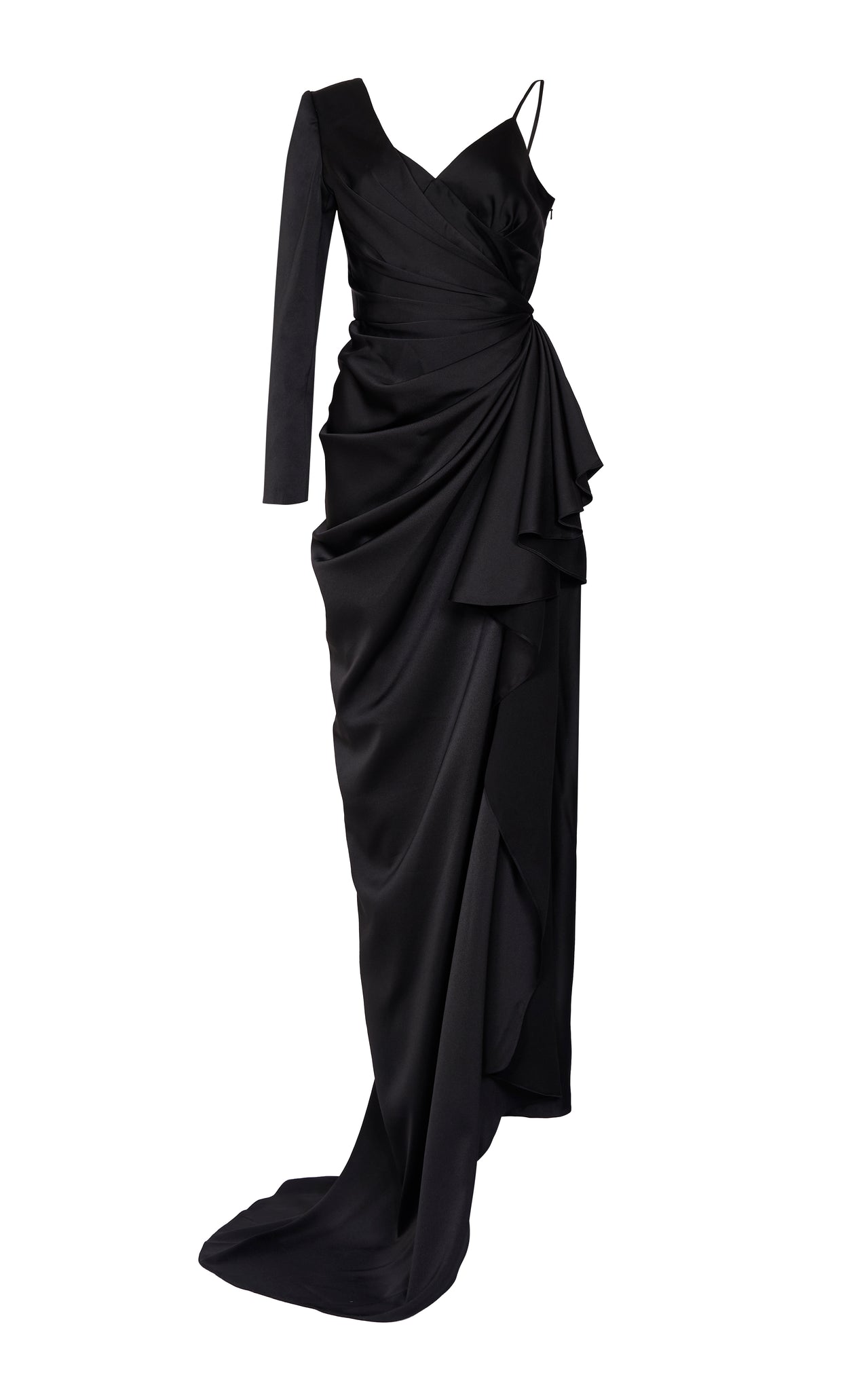 Asymmetrical Black Satin Draped Gown