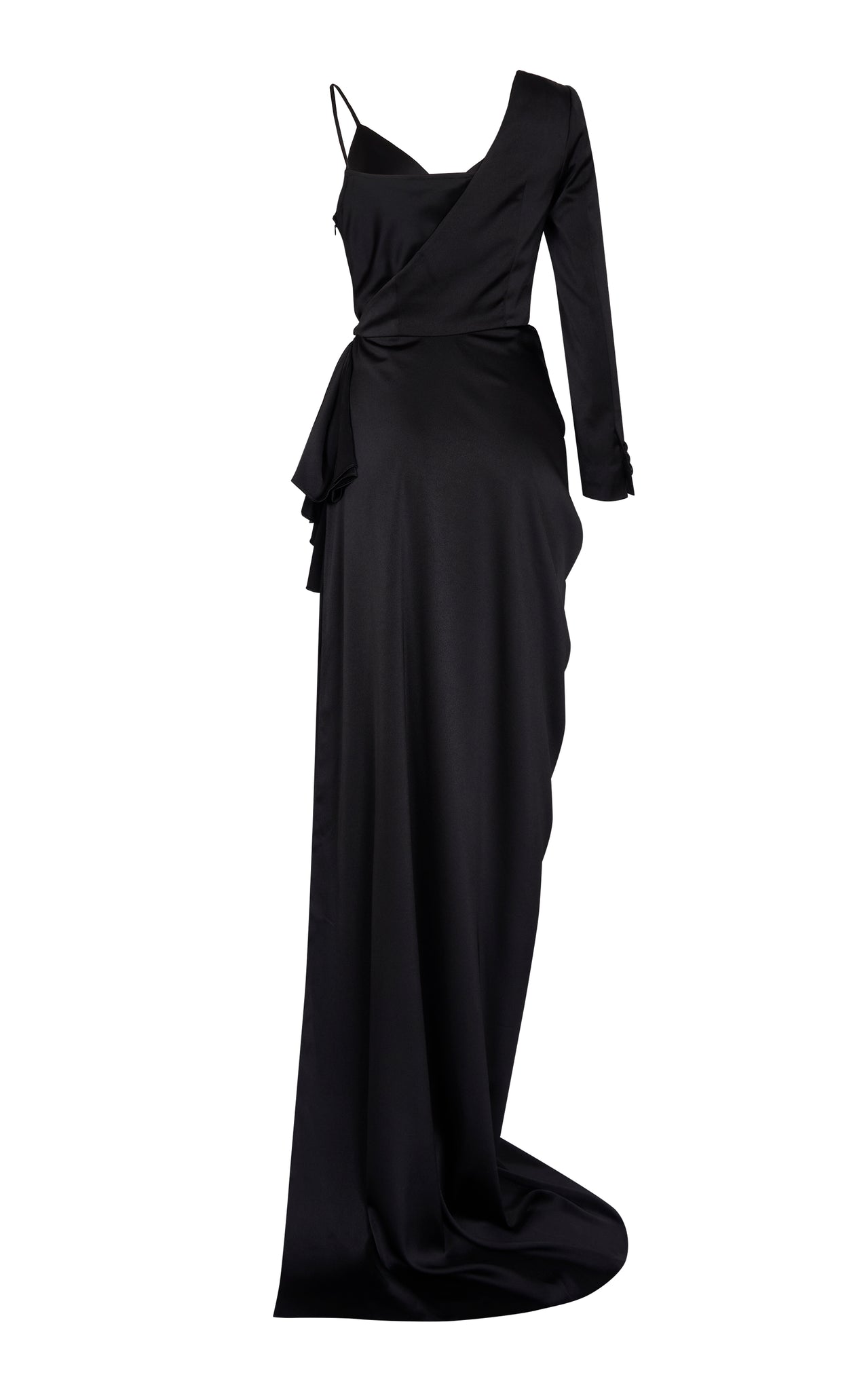 Asymmetrical Black Satin Draped Gown